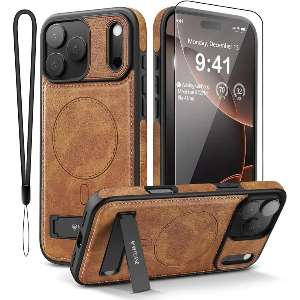 Brown Iphone 17 Pro Max Invisible Stand Protective Slim Kickstand Leather Case